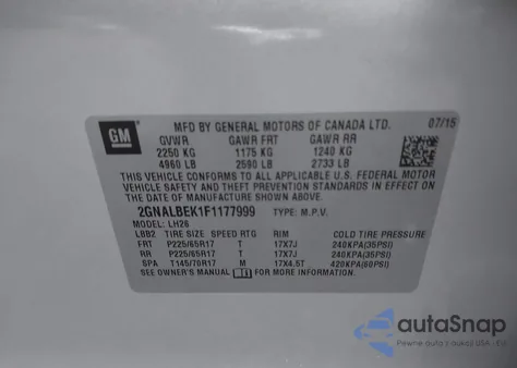 2015 Chevrolet Equinox 1Lt z USA, uszkodzony, nr VIN 2GNALBEK1F1177999